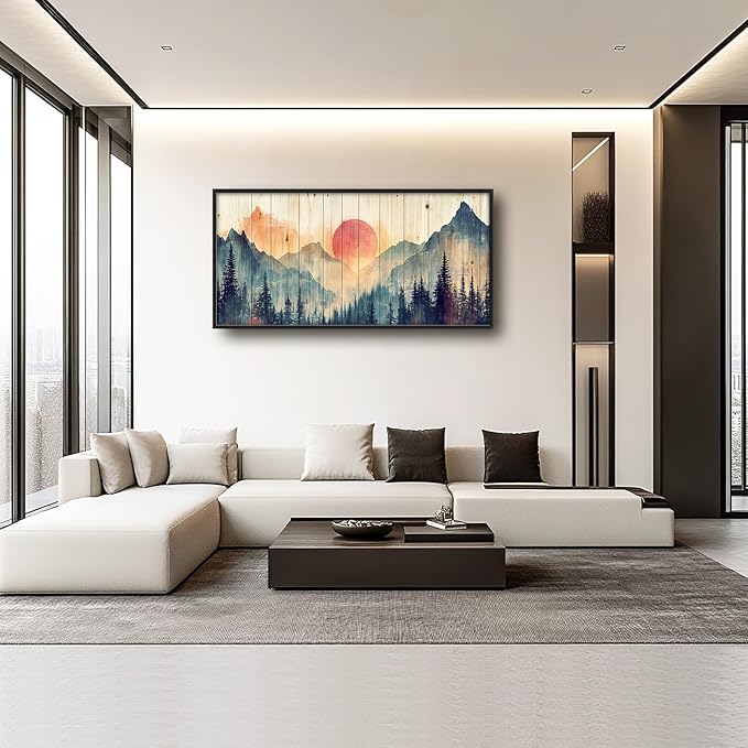 Framed Large Cabin Mountain Wall Art for Living Room, Oversized Rustic Forest Wall Decor, Rustic Nature Landscape Canvas Painting Sunset Pictures Home Decoration for Bedroom Office 60"x30"