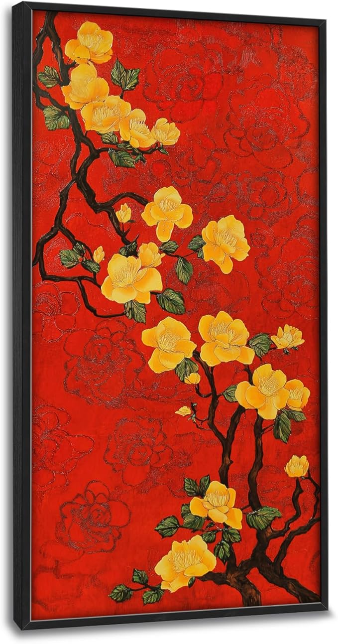 Lovira Yellow Plum Bossom Large Wall Art Traditional Asian Floral Red Canvas Wall Decor Pictures Prints Painting Framed Home Vertical Artwork for Living Room Bedroom Bathroom Kitchen 30"x60"
