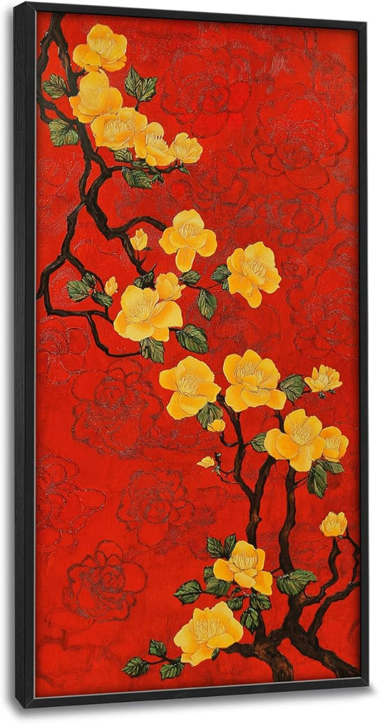 Lovira Yellow Plum Bossom Large Wall Art Traditional Asian Floral Red Canvas Wall Decor Pictures Prints Painting Framed Home Vertical Artwork for Living Room Bedroom Bathroom Kitchen 30"x60"