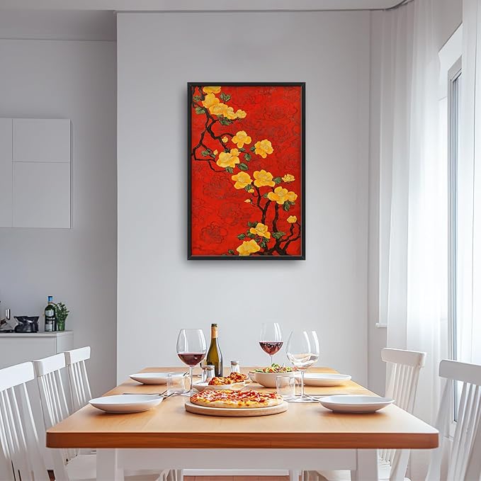 Lovira Yellow Plum Bossom Large Wall Art Traditional Asian Floral Red Canvas Wall Decor Pictures Prints Painting Framed Home Vertical Artwork for Living Room Bedroom Bathroom Kitchen 24"x36"