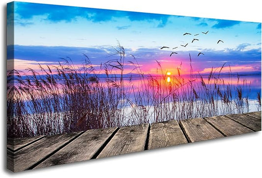 XXMWallArtFC2375 Wall Art Leisure and Free Time On The lake Framed Canvas Prints Painting Sunset Landscape Pictures Ready to Hang for Living Room Bedroom Kitchen Home and Office Wall Decor