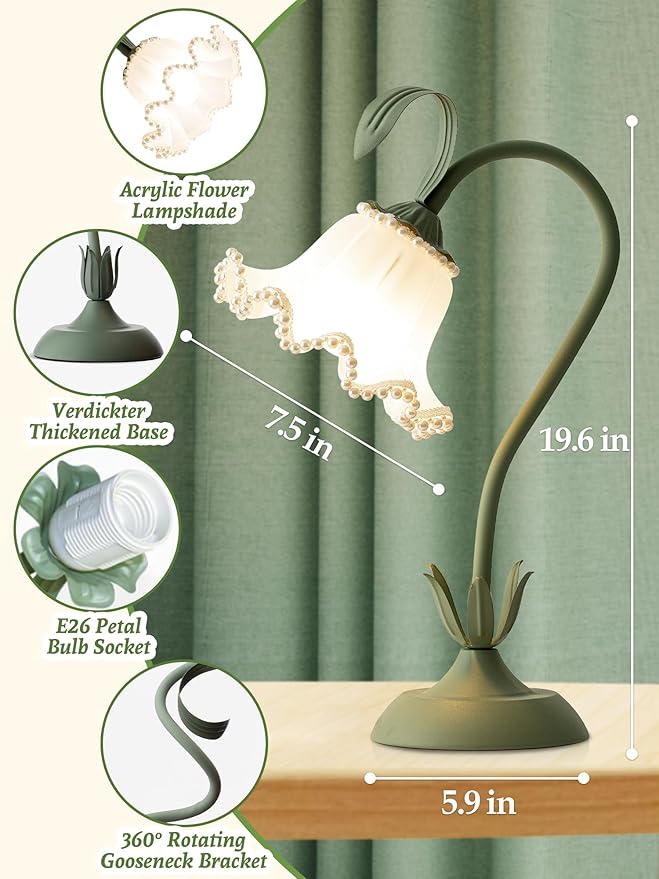 Flower Table Lamp Bedside Lamps LED Reading Light,3 Color Modes Cute Small Lamp,Vintage Flower Lamp Kawaii Table Lamp for Bedroom Living Room Office Dorm Desk Home Decor (Pearl Green lamp)