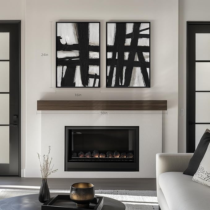 Framed Black and White Abstract Wall Art, 2 Piece Modern Canvas Prints Paintings Artwork for Walls, Minimalist Black Lines Pictures for Living Room Fireplace Dining Room Bedroom Wall Decor 16x24 In