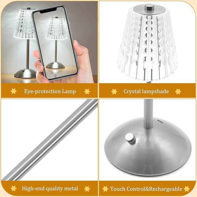 Cordless Touch Table Lamp, LED Rechargeable Small Dask Lamp, 3 Colors Dimmable Battery Operated Crysta Lamp for Bedroom Restaurant Kitchen Home Decor,Silver