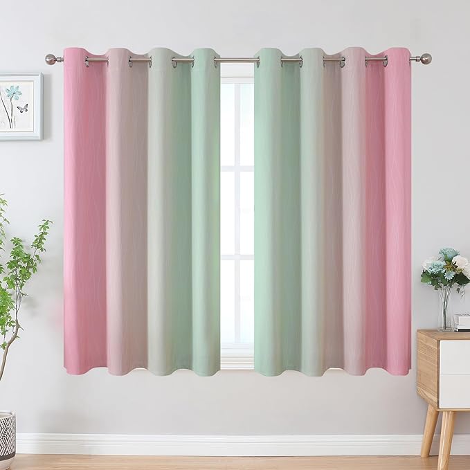 Estelar Textiler Sage and Pink Blackout Curtains 45 Inch Length, Light Blocking Gradient Drapes for Kitchen, Thermal Insulated Grommet Ombre Curtains for Bathroom,52Wx45L,2 Panels