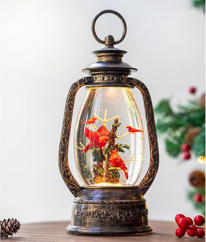 12'' Lighted Cardinals Snow Globe Lantern, Music Water Lantern with Swirling Glitter Decoration for Christmas Home, Living Room, Battery Operated or USB Powered
