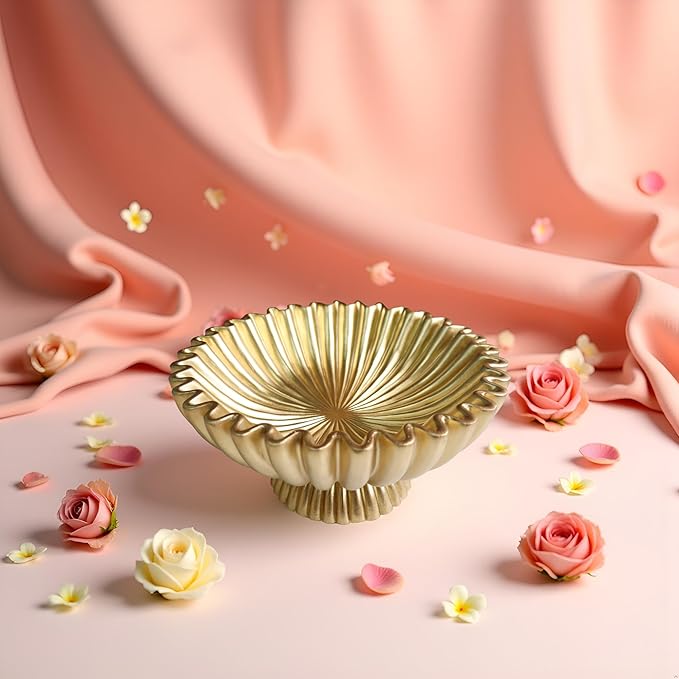 10" Large Decorative Bowl decor, Scalloped Bowls for Modern Home Decor,Ruffle Decor,Stylish Key Bowl for Entry Table,Decorative Fruit Bowl for Kitchen Counter,With base,Golden