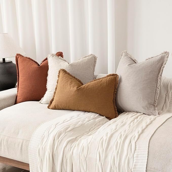 Foindtower Set of 2 Decorative Linen Fringe Throw Pillow Covers Farmhouse Cushion Cover with Tassels Soft Accent Pillowcase for Couch Chair Sofa Bed Living Room Home Decor,16×16 Inch,Fall Rust Orange