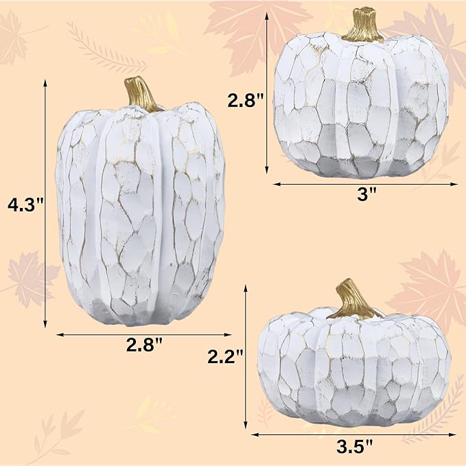 winemana Pumpkins Fall Decorations for Home- Set of 3 Elegant White Pumpkin Resin Thanksgiving Centerpiece for Table, Mantel, Porch & Indoor, Textured Neutral Farmhouse Autumn Harvest Decor (White)