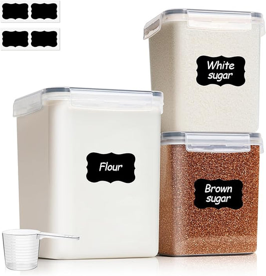 ComSaf Flour Sugar Storage Containers Set of 3 (5.2L/175oz) (2.5L/84oz*2), Large Airtight Food Storage Containers with Lids, Plastic Canisters Sets for Kitchen, Pantry Organizers for Rice and Baking