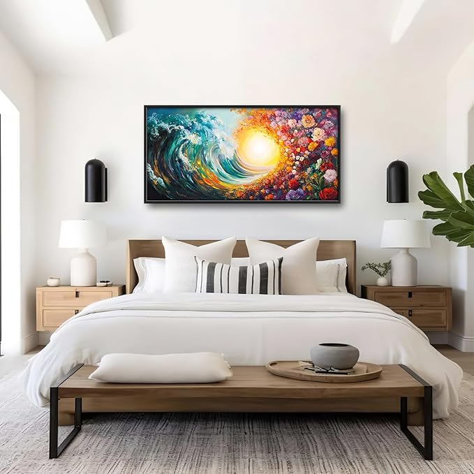 Ocean Framed Wall Art for Living Room, Large Waves with Flowers Canvas Wall Decor, Vintage Beach Pictures Painting, Modern Artwork for Bathroom Bedroom 60L'' × 30W''