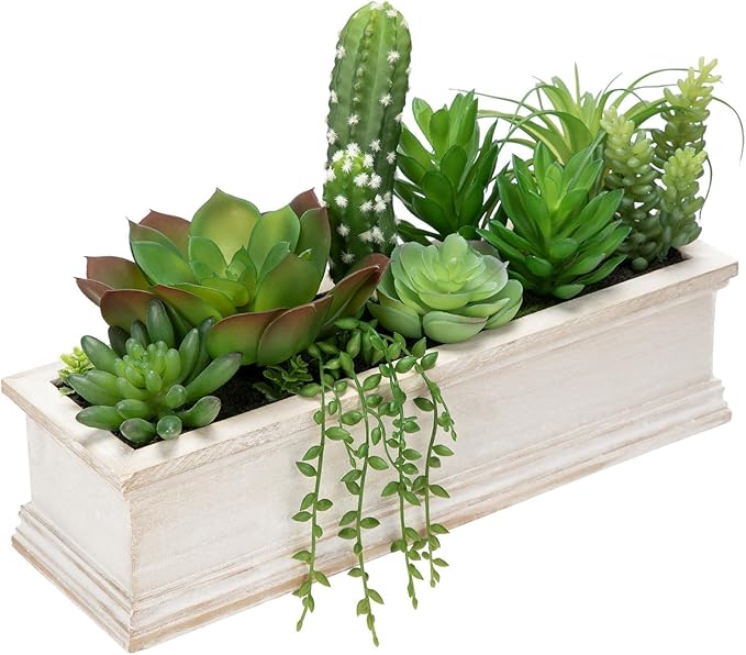 Artificial Succulents Fake Plants in White Rectangular Wooden Pots 12.9"W Artificial Potted Succulents Faux Plants Arrangement for Table Centerpiece Farmhouse Shelf Mantel Tropical Greenery Decor