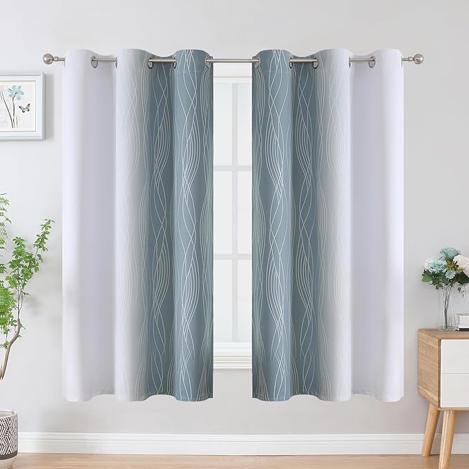 Estelar Textiler Stone Blue and Greyish White Blackout Curtains & Drapes for Bedroom, Thermal Insulated Ombre Blackout Drapes, Room Darkening Energy Saving Curtains for Living Room, 42Wx63L, 2 Panels
