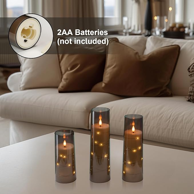 Raycare Flameless LED Candles with Embedded Star String, 5 Pcs Battery Operated Acrylic Pillar Candles with Timer and Remote, Flickering for Romantic Ambiance and Home Decoration(Grey)