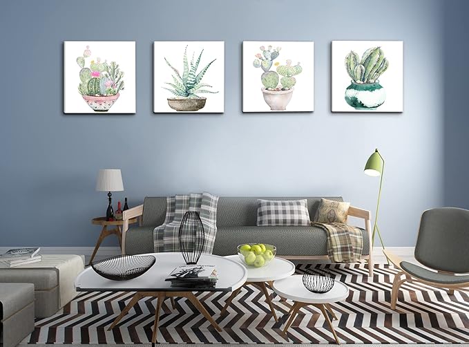 Succulent Bathroom Decor Cactus Canvas Wall Art, Green Botanical Pictures Print, Watercolor Plant Paintings Artwork for Bedroom Living room Office Decoration - 12" X 12"