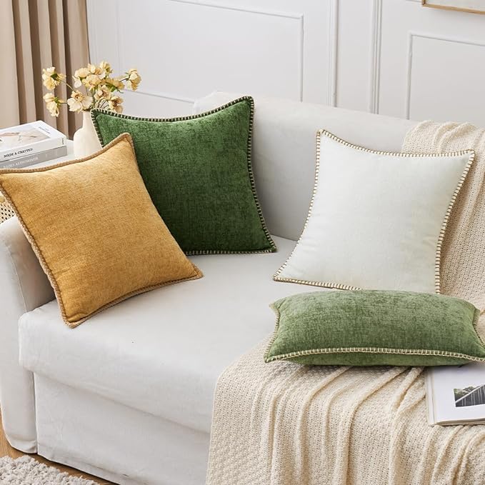 MIULEE Pack of 2 Christmas Pillow Covers 24x24 Inch Moss Green Farmhouse Decorative Throw Pillow Covers with Stitched Edge Soft Chenille Solid Dyed Couch Pillow Covers for Sofa Bed Living Room