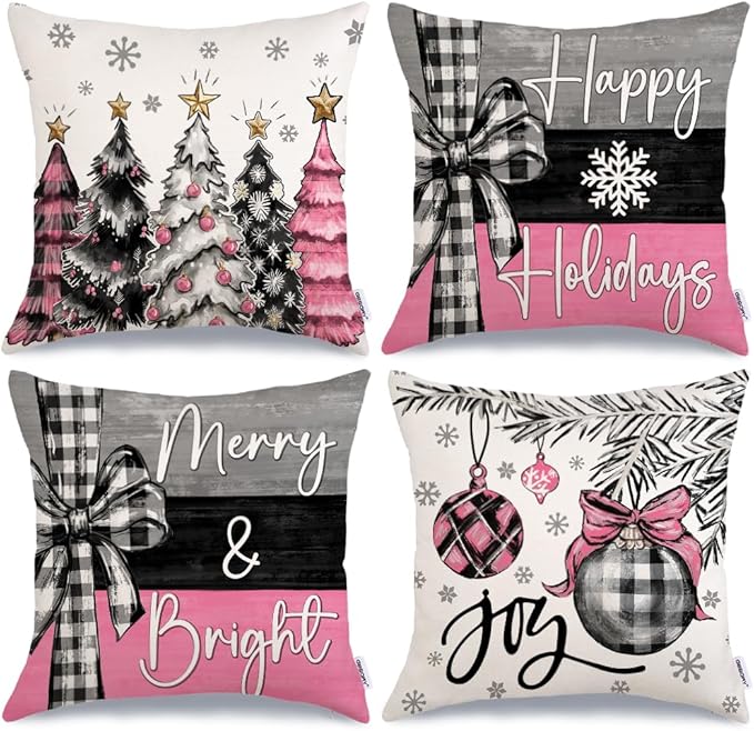 GEEORY Christmas Throw Pillow Covers 16 x 16 Inch Set of 4, Xmas Trees Merry and Bright Happy Holidays Farmhouse Decorative Cushion Cases for Home Decoration G596-16