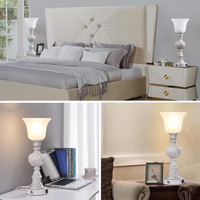 Luvkczc Touch Tall Lamps Set of 2, 18" Tall 3-Way Bedside Lamps with Glass Lampshade for Bedroom Living Room Farmhouse Office, Rustic Resin Table Lamps & Washed White