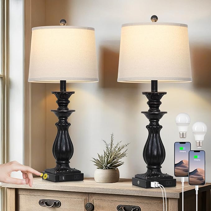 28" Farmhouse Table Lamps Set of 2 for Living Room, 3 Way Dimmable Bedside Lamp with USB C+A Ports & AC Outlet, Resin Vintage Tall Nightstand Lamps for Bedroom Office Hallway, Black