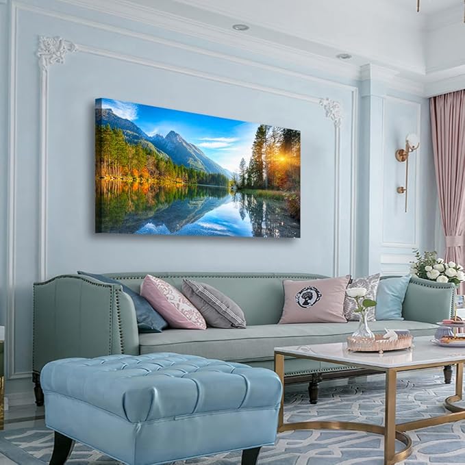 Landscape Canvas Wall Art for Living room Office Bedroom Sunshine Forest Scenery Wall Art Mountain Lake Pictures Art Print Paintings Modern Green Nature Wall Decor Artwork Waterproof -20 * 40inch