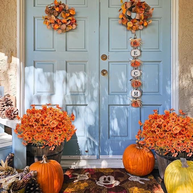 12 Pack Artificial Fall Flowers Orange Autumn Indoor Outdoor Floral Stems Faux Silk Violet Flower for Home Garden Porch Window Yard Wedding Thanksgiving Decoration Table Centerpiece Decor