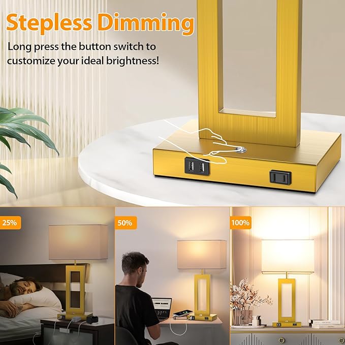 22ββ Touch Control Table Lamps Set of 2, 3 Color Temperatures Bedroom Bedside Lamps, Modern Gold Dimmable Lamps with USB Ports & AC Outlet, Tall Living Room Lamps for Nightstand End Table, 2 Bulbs