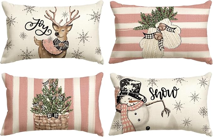 AVOIN colorlife Pink Christmas Snowman Reindeer Gloves Eucalyptus Throw Pillow Covers, 12 x 20 Inch Winter Holiday Stripes Cushion Case Decoration for Sofa Couch Set of 4