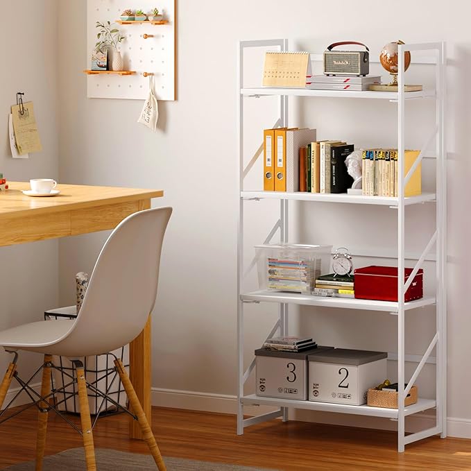 JSB No Assembly Folding Bookshelf, 4 Tier Industrial Metal Book Shelf for Storage, Vintage Wood Foldable Bookcase for Living Room, Bedroom, Office Organization Shelves