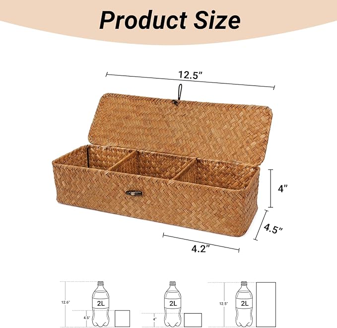 Nonam Seagrass Storage Small Basket with Lid - 3-Section Divided Organizer for Tea,Sugar,Coffee,Tampons - Woven Shelf Bin for Closet, Toilet Tank - Rectangular Narrow Boho Basket Home Decor