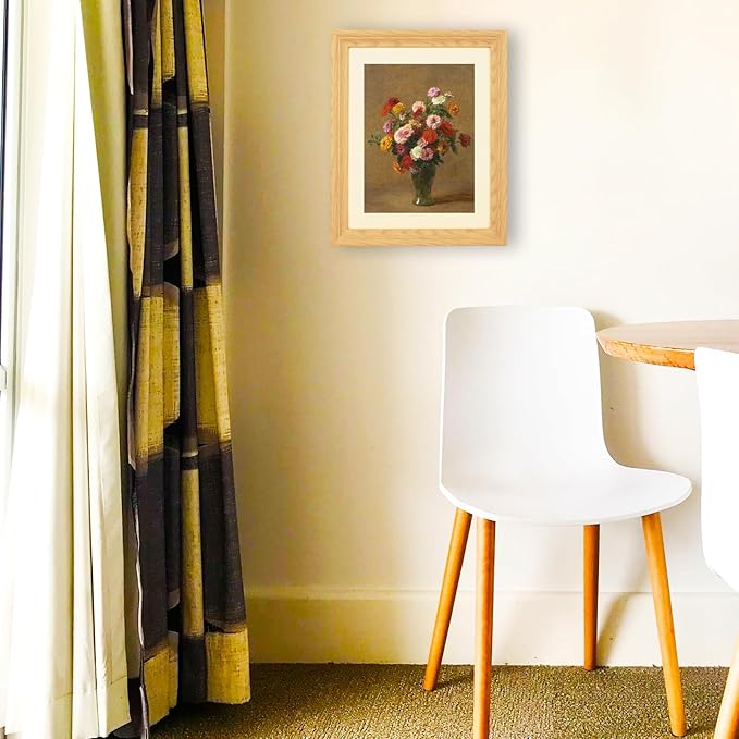 Brivoria Framed Canvas Wall Art Vintage Decor, Classical Floral Art Print with Mat Showing Colorful Zinnias in Vase and Warm Tones for Hallway Dining Room or Seasonal Autumn Wall Decoration, 13"x16"