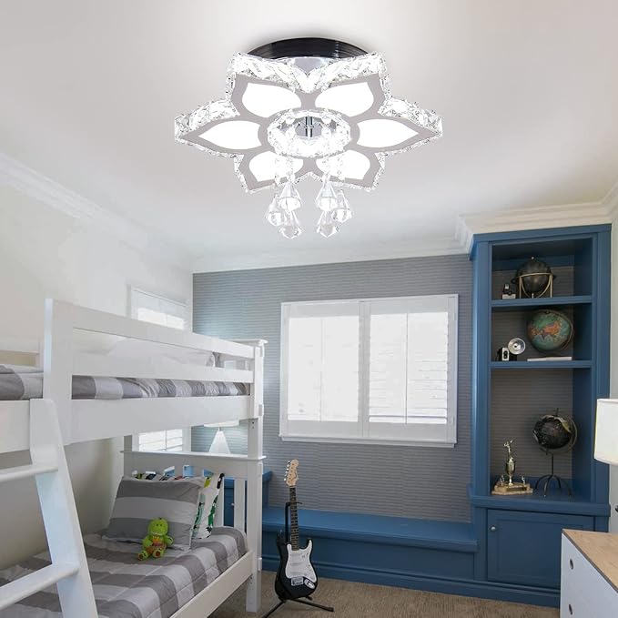 FRIXCHUR Crystal Chandelier Modern LED Flower Shape Chandeliers Ceiling Light Fixture Flush Mount Ceiling Lamp for Bedroom Living Room Dining Room Foyer(Cool White),13.4"