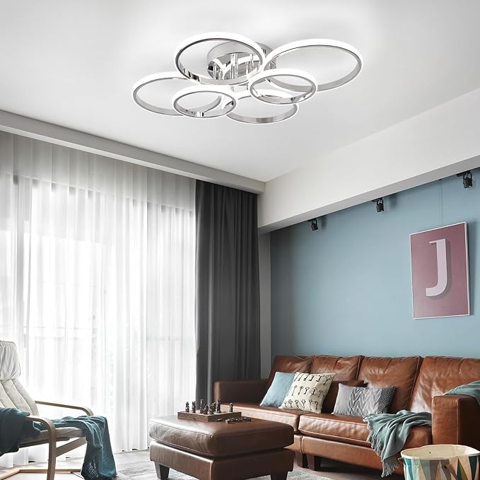 Modern Ceiling Lights, 6 Rings Dimmable Chrome LED Ceiling Light Fixtures with Remote Control, 60W Close to Ceilings Lighting for Living Room, Bedroom, Dining Room