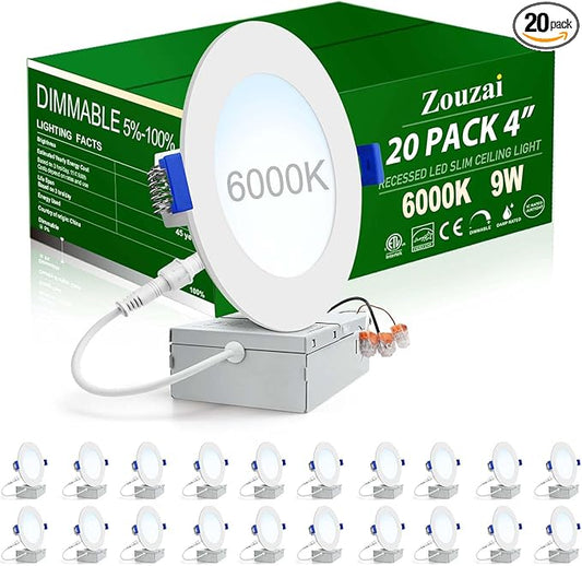 zouzai 20 Pack 4 Inch Ultra-Thin LED Recessed Ceiling Light with Junction Box 6000K Cool White Dimmable Can-Killer Downlight - ETL and Energy Star Certified