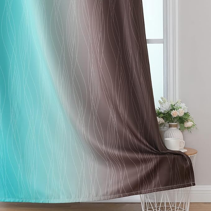 Estelar Textiler Brown and Teal Ombre Blackout Curtains 45 Inch Length 2 Panels, Full Room Darkening Gradient Drapes for Kitchen, Thermal Insulated Grommet Short Curtains for Bathroom, 42Wx45L
