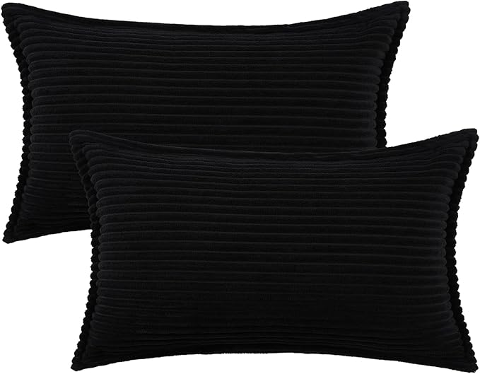 Mecatny Corduroy Throw Pillow Covers 12x20 Set of 2, Neutral Decorative Soft Boho Lumbar Couch Pillow Covers with Broadside for Sofa Living Room, Black