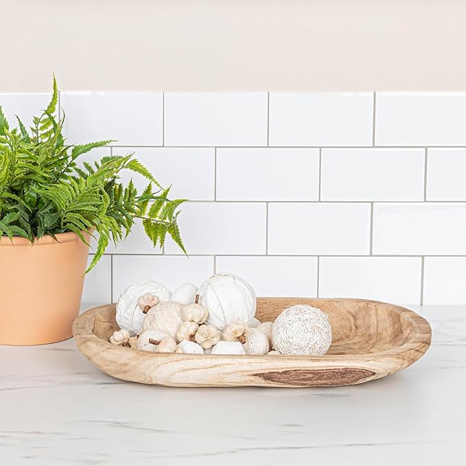 Wooden Dough Bowl Decor, Key Decorative Centerpiece Bowl, Hand Carved Baguette Bowl, Home Decor for Dining Table Center, Living Room, Kitchen (L14.6*W10.2*H0.8 inches) Squircle-Natural