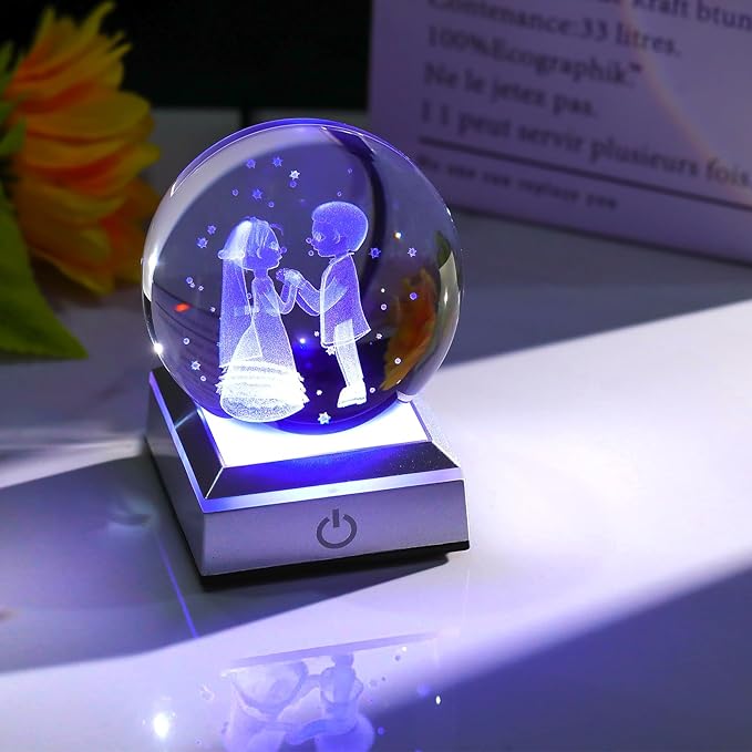 3D Crystal Ball Engraved Wedding Couples with LED Light Base 3.15'' - Gifts for Bride and Groom, Friend, Sister - Married Anniversary Presents for Partner Sweet Newlyweds Home Decor