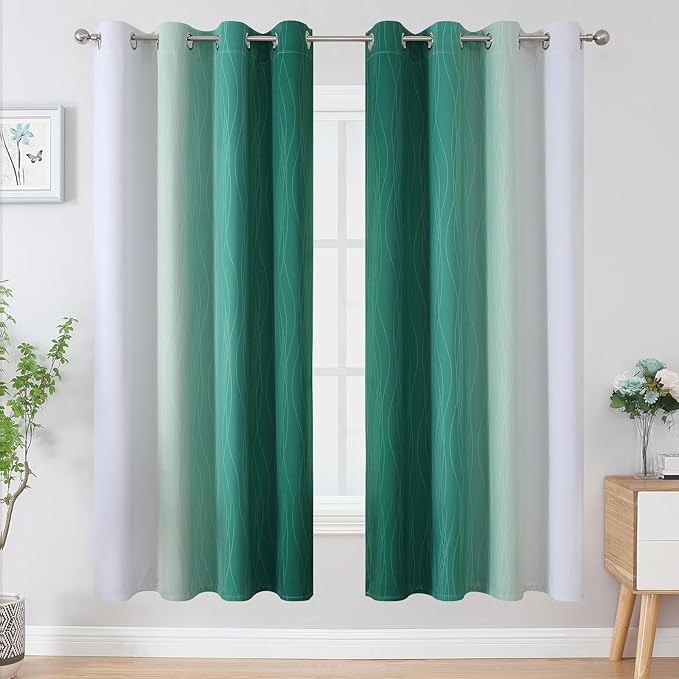 Estelar Textiler Green and Greyish White Blackout Curtains for Living Room, Full Room Darkening Grommet Ombre Curtains for Bedroom, Thermal Insulated Light Blocking Gradient Drapes, 52Wx72L, 2 Panels