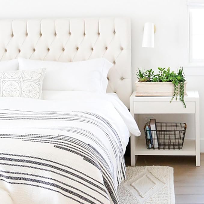 Artificial Succulents Fake Plants in White Rectangular Wooden Pots Artificial Potted Succulents Faux Plants Arrangement for Table Centerpiece Farmhouse Shelf Mantel Tropical Greenery Decor