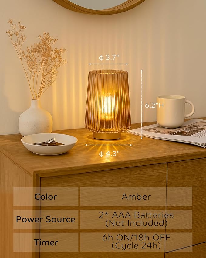 Battery Operated Lamp Aesthetic with Timer, Small Cozy Table Lamps for College Dorm, Cordless Battery Powered Decorative Lamp for Bedside Living Room Shelf Amber Set of 2