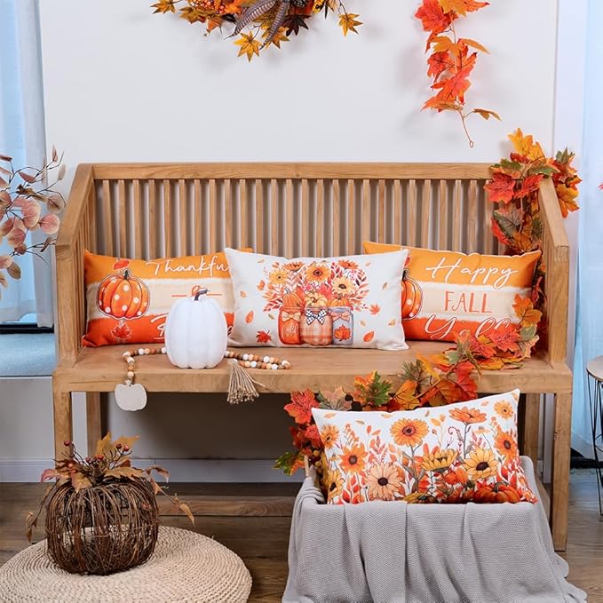 GEEORY Fall Throw Pillow Covers 12x20 Inch Set of 4, Pumpkins Floral Mason Jars Happy Fall Y'all Thankful & Blessed Orange Autumn Seasonal Decorative Farmhouse Decoration for Home G552-12