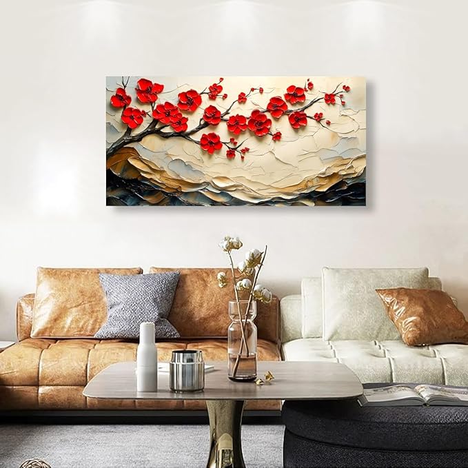 Tree of Life Pictures Canvas Wall Art for Living room Office Bedroom Red Flower Tree Wall Decor,Yellow Abstract Wall Art Print Paintings Modern Plum Blossom Mountain Artwork Ready to Hang-20x40inch