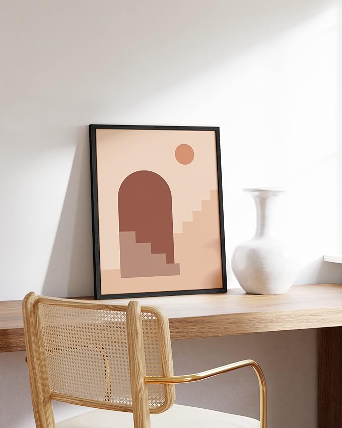 HAUS AND HUES Boho Art Prints - Mid Century Modern Decor Wall Art - Sun and Two Staircases with Door (Black Frame, 16x20)