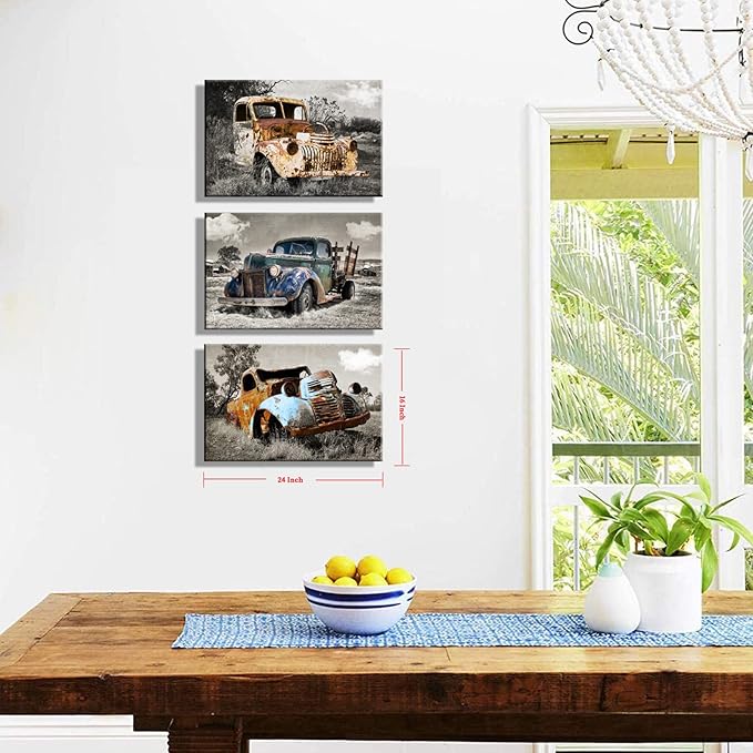 YUANAND Rusty Truck Canvas Wall Art - Vintage Blue Car Pictures Living Room Decor - Country Style Artwork Framed Posters Paintings