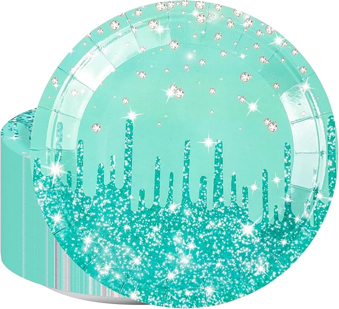 50PCS Green Glitter Paper Plates 7inch Sage Green Diamond Birthday Dessert Plate for Cake Salad Pizza Disposable plates Supplies for Girls Women Mermaid Anniversary Birthday Wedding Theme Party