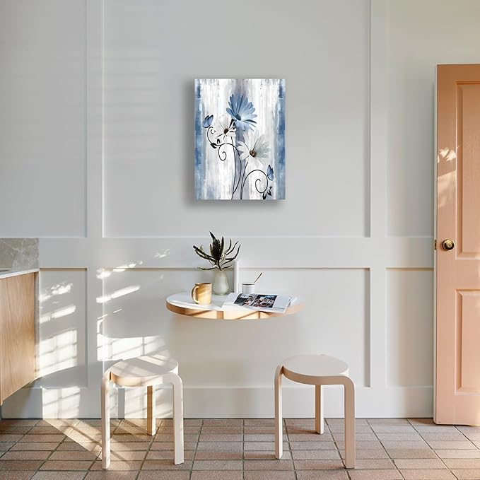 Blue Flowers Canvas Wall Art Bathroom Wall Decor, Blue and White Daisy Flower and Butterfly Canvas Wall Art Framed Artwork Ready to Hang for Living Room Bedroom Decor, 12x16in