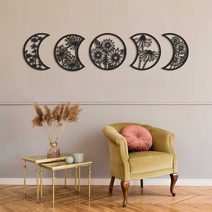 Jetec 5 Pcs Moon Phase Wall Hanging Decor Art Above Bed 10.6" H Boho Moon Phase Wood Wall Pediment Ornament for Living Room Bedroom Home Decoration Room Apartment Bar(Black)