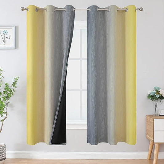 Estelar Textiler Ombre Grey and Yellow Blackout Curtains 72 Inch Length 2 Panels, Full Light Blocking Curtains for Living Room,Grommet Thermal Insulated Gradient Drapes for Bedroom, 42x72 Inch