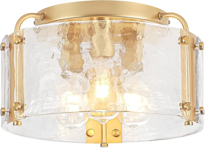 TOULMJ 15'' Semi Flush Mount Ceiling Light, Gold Morden Hallway Light Fixture 3-Light Ceiling Light Fixture with Seeded Glass Shade for Dining Room Hallway Entryway Bedroom Laundry Room