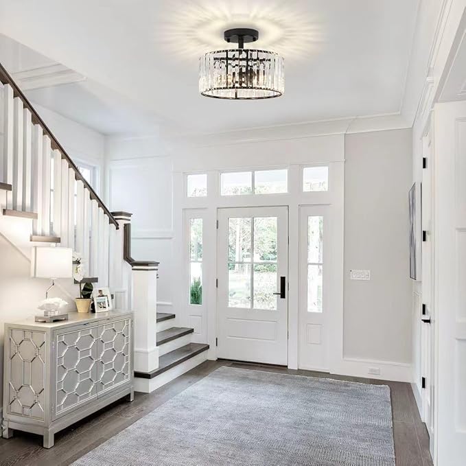 TOULMJ Crystal Ceiling Light, 3-Light Semi Flush Mount Ceiling Lighting Fixture, Black Round Hallway Light Fixtures for Kitchen Entryway Bedroom Laundry Room